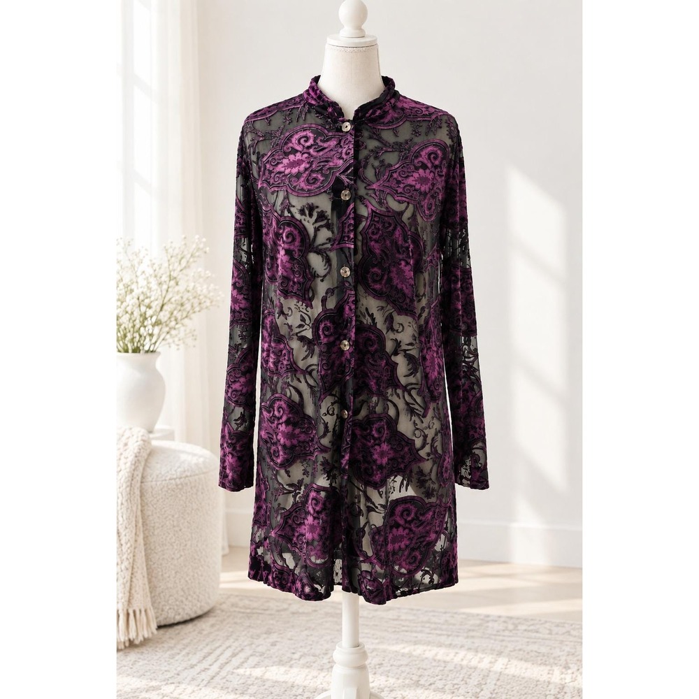 Whimsigoth Burnout Velvet Blouse Sheer Gothic Witchy Paisley Duster Top L